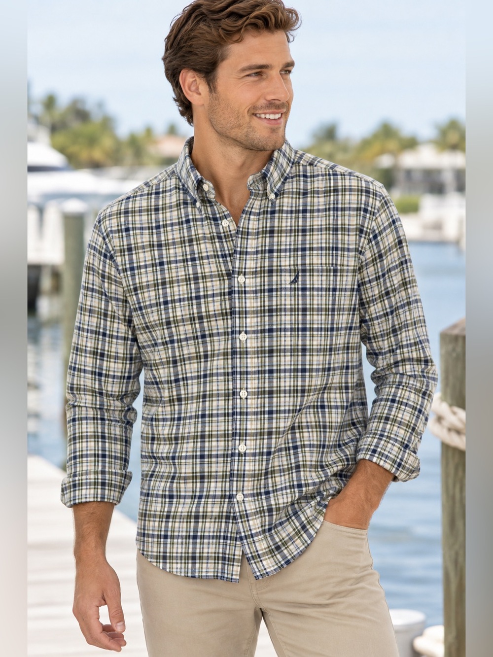 Nautica Men’s Plaid Button-Down Shirt XL 100% Cotton